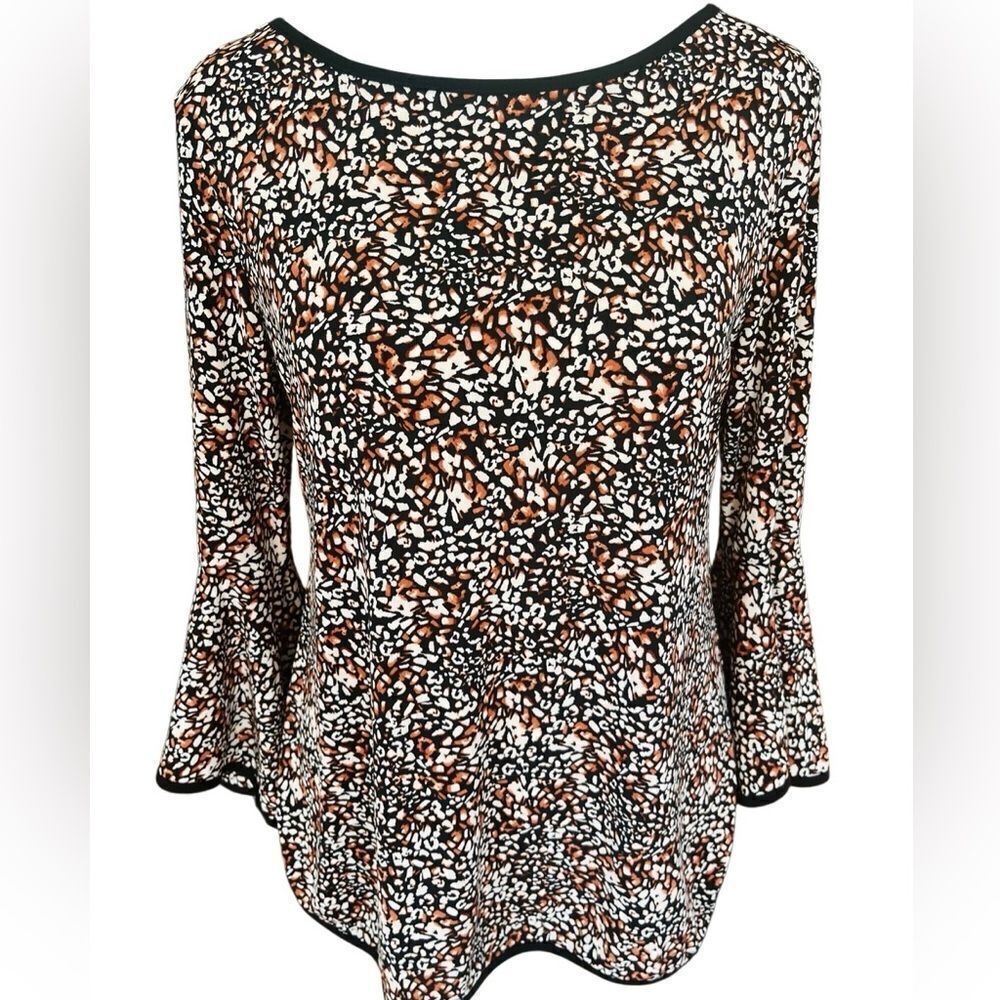 Sam & Jess black/brown/cream print blouse with bell sleeves size PM .